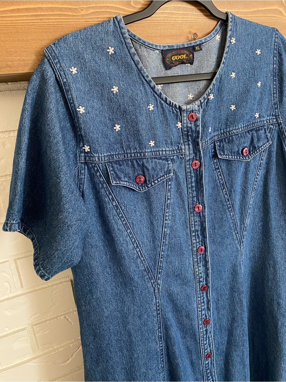 VTG 90s 100% Cotton Cool Plus Denim Button Front Midi Dress Embroidered XL Y2K - Picture 3 of 16